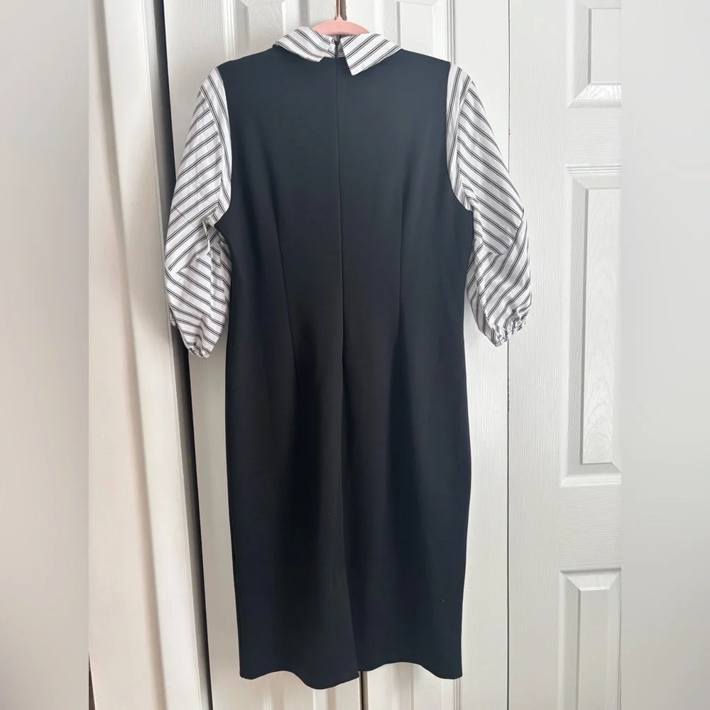 New York & Company Ponte Dress- Size Large- NWT | Black with Striped Blouse Look - Picture 5 of 5